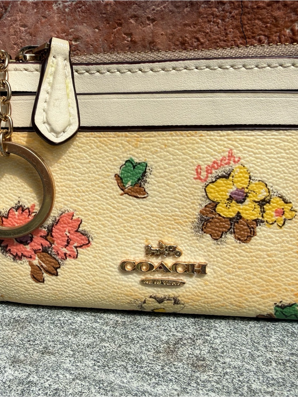 COACH Yellow Floral Leather Pouch with keychain and Gold Hardware